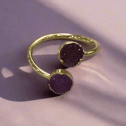 Royal Amethyst Embrace: Handcrafted Double Amethyst Gold-Plated Ring