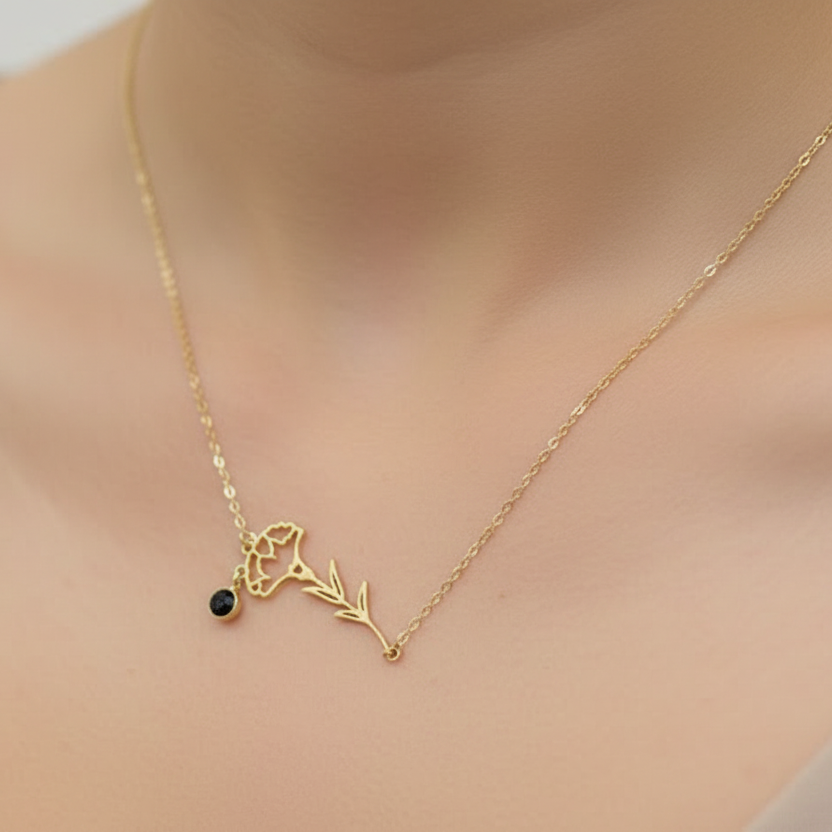 Gold-Plated Necklace with January Garnet & Rose Quartz Birthstone and Carnation Flower