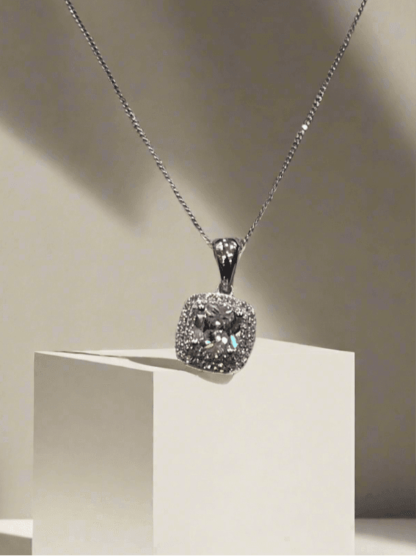 Elegant Sterling Silver Square White Diamond Zirconia Necklace - Saras Beads & Jewellery