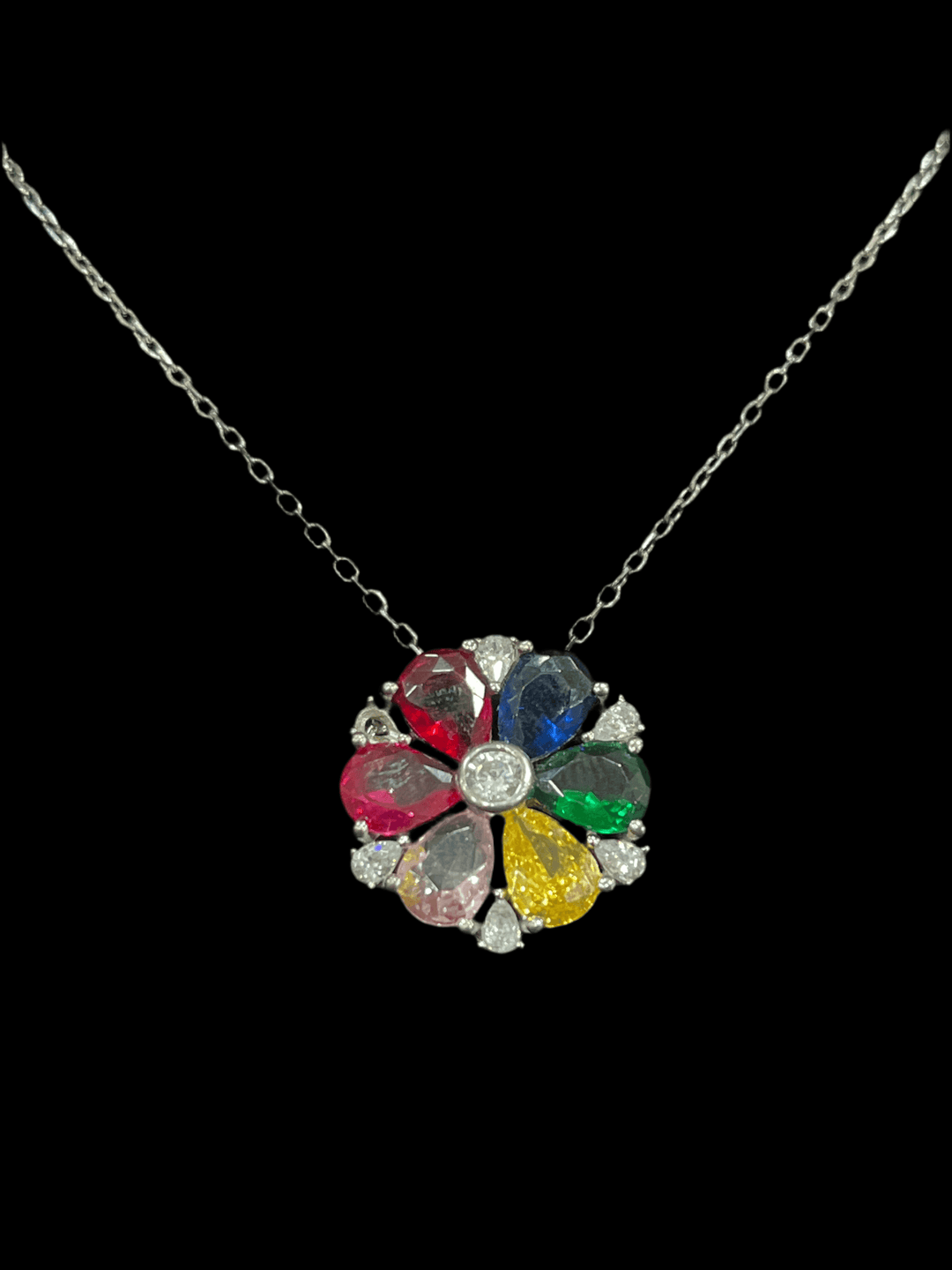 Chromatic Bloom: Sterling Silver Flower Necklace