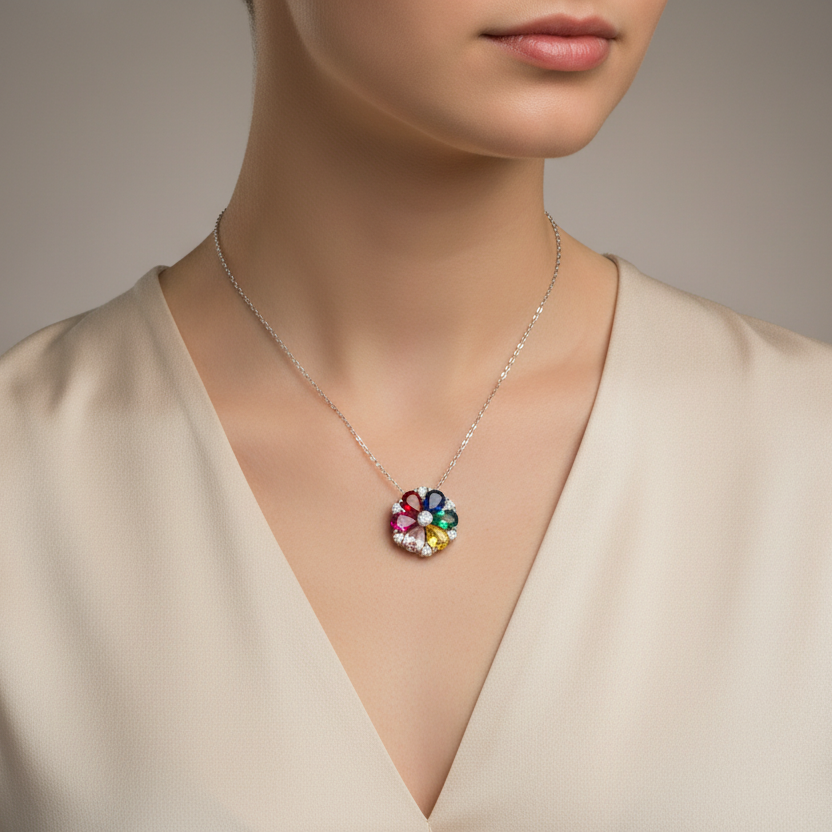 Multicolour Flower Sterling Silver Necklace
