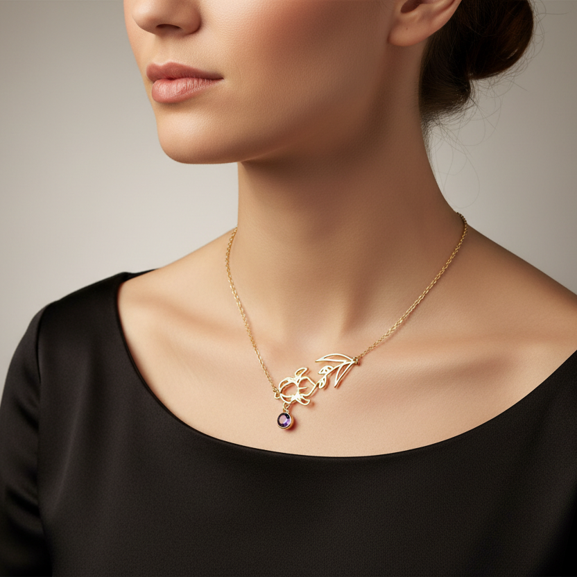 Gold-Plated Necklace with February Amethyst Birthstone and Violet Flower
