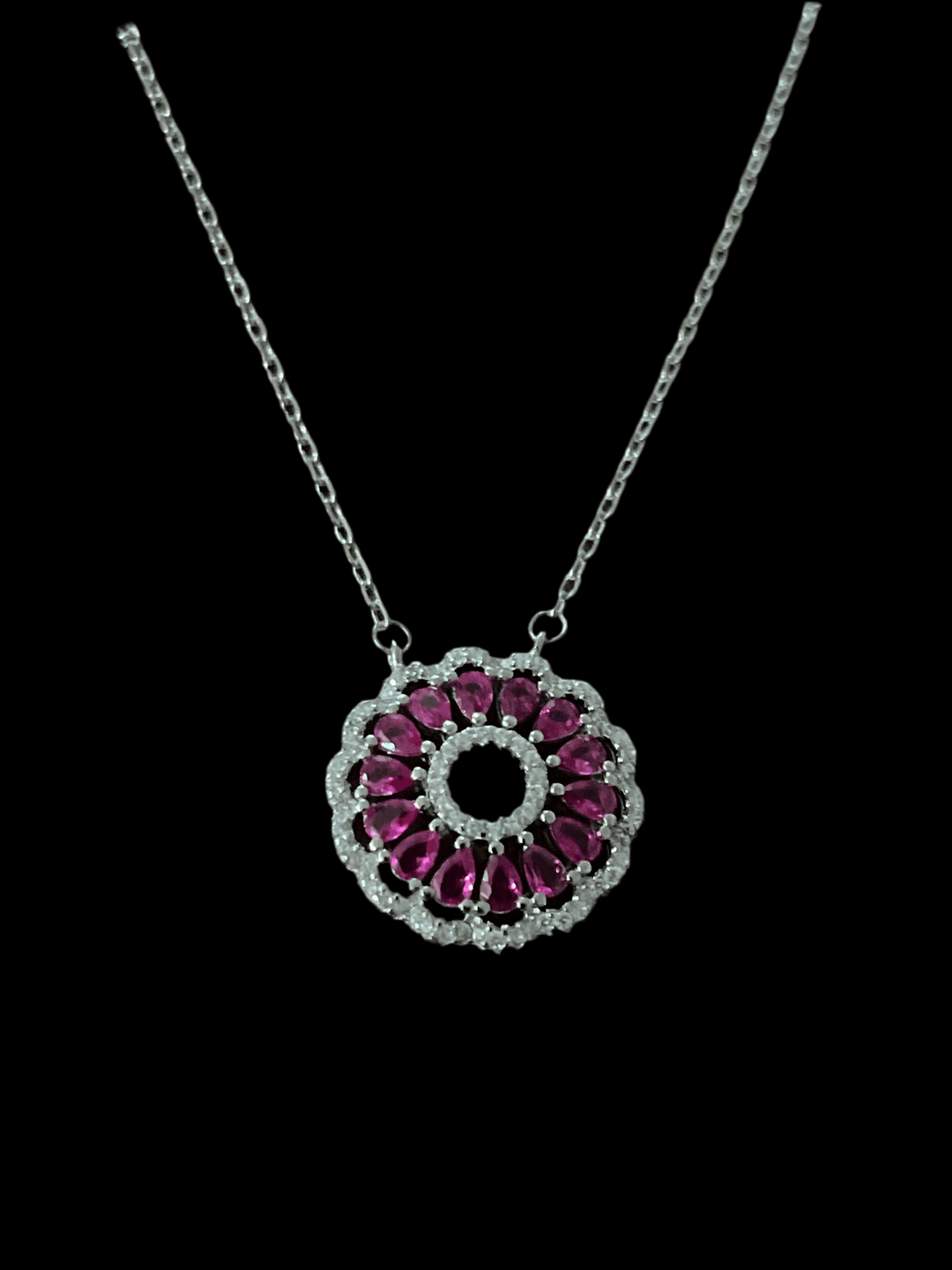 Exquisite Sterling Silver Necklace with Fushia Orbit Pendant