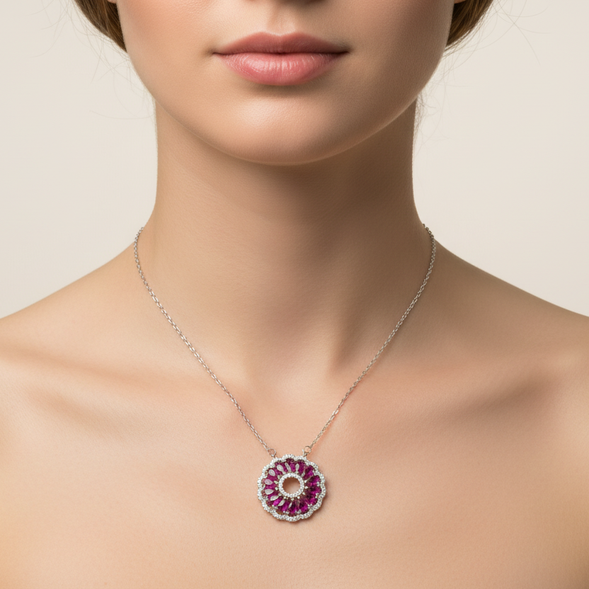 Exquisite Sterling Silver Necklace with Fushia Orbit Pendant