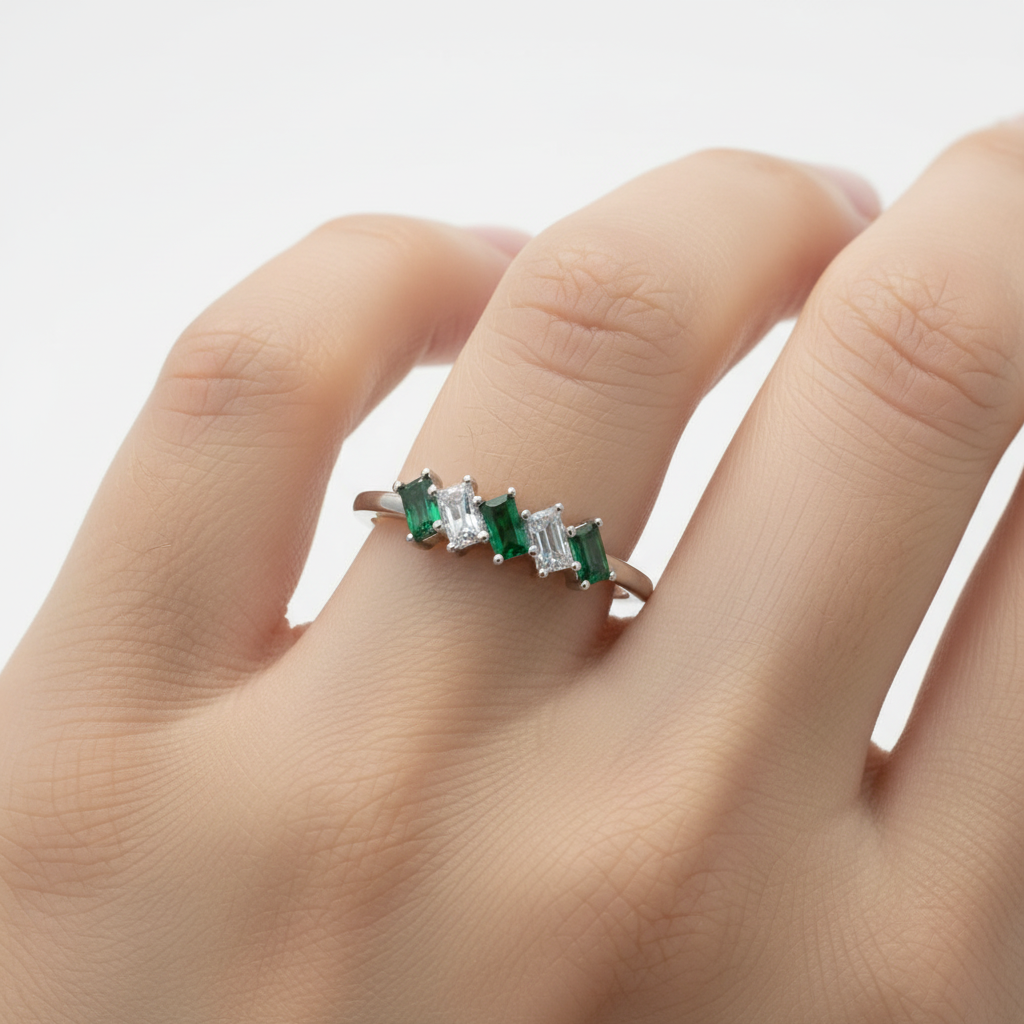 Sterling Silver Emerald & Clear CZ Baguette Ring