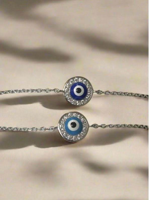 Sterling Silver Orb-Shaped Double Evil Eye Bracelet – Light Blue and Dark Blue with Sparkling Zirconia