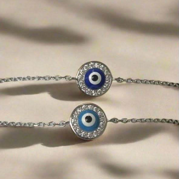 Sterling Silver Orb Evil Eye Bracelet – Light Blue and Dark Blue with Sparkling Zirconia