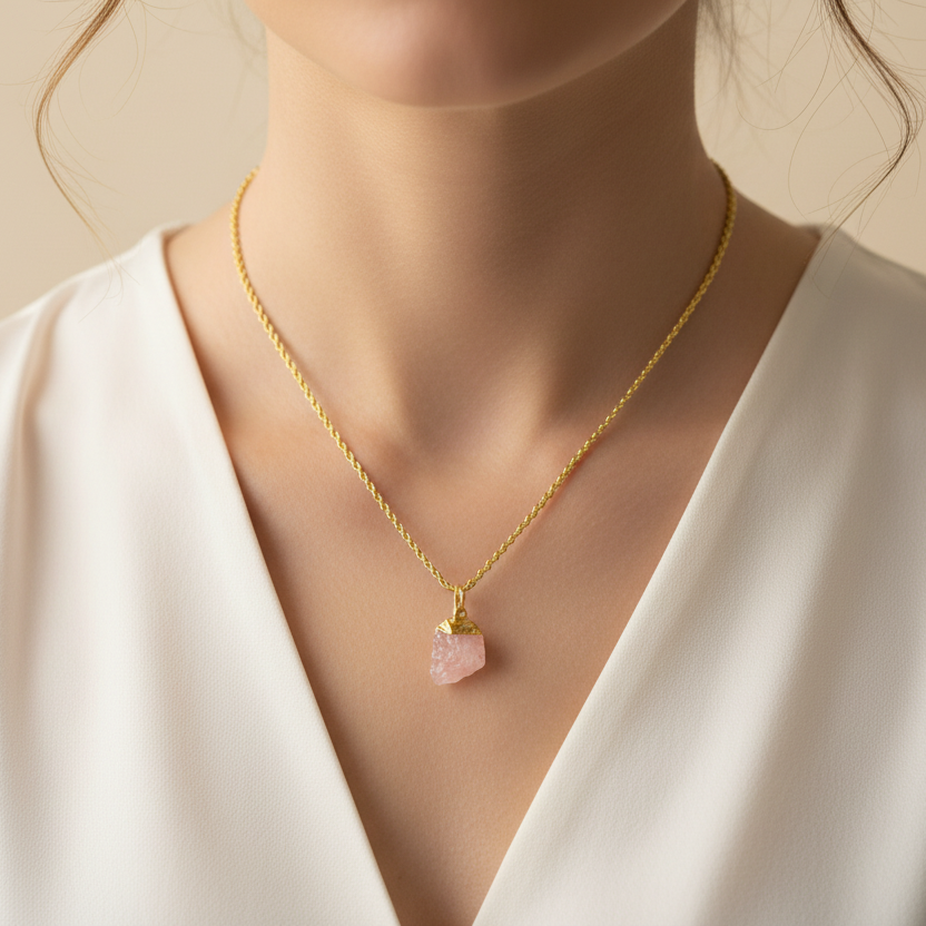 Handmade Gold-Plated Rose Quartz Necklace – A Semi-Precious Stone Masterpiece