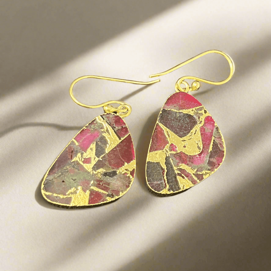 Triangular Gold-Plated Ruby Earrings