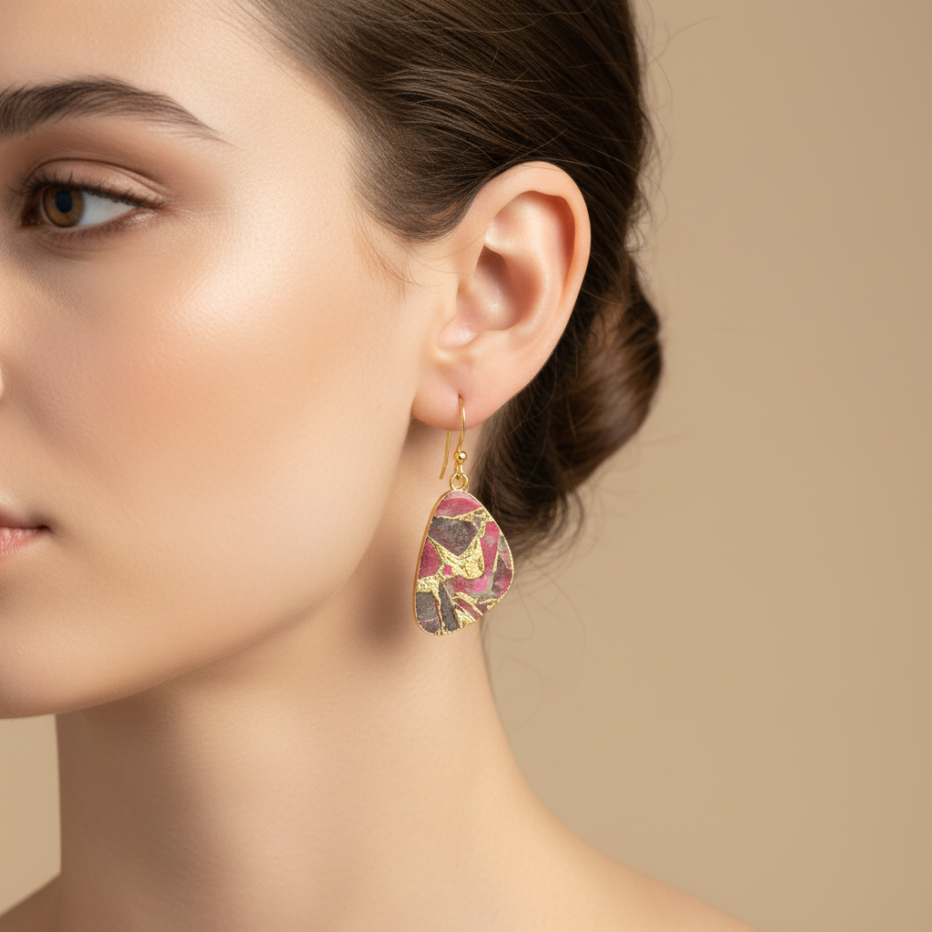 Triangular Gold-Plated Ruby Earrings