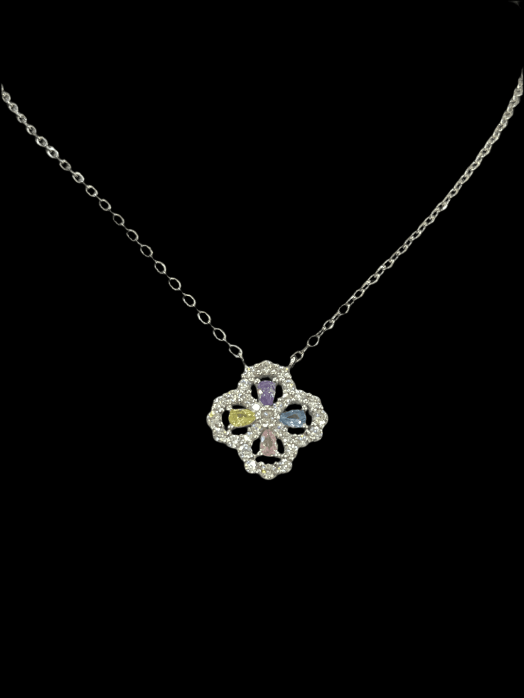 Floral Symphony: Sterling Silver Necklace with Pink, Blue, Purple, and Yellow Flowers