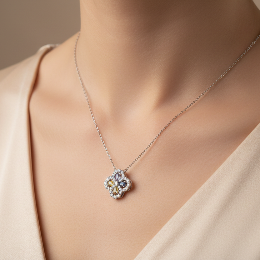 Floral Symphony: Sterling Silver Necklace with Pink, Blue, Purple, and Yellow Flowers