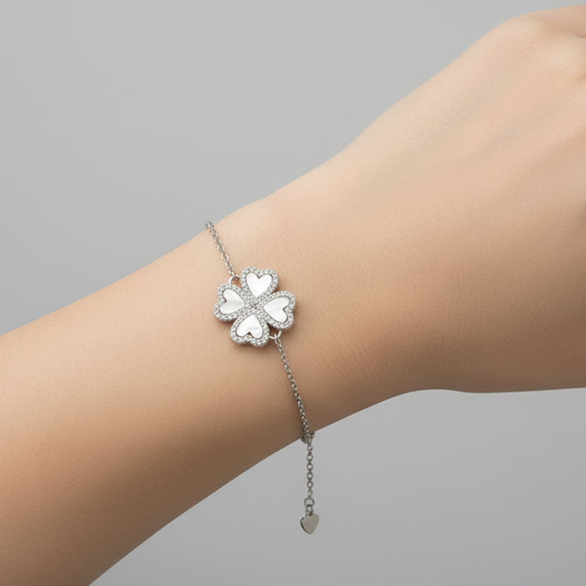 Sterling Silver Heart Clover Bracelet with Mother-of-Pearl & Cubic Zirconia