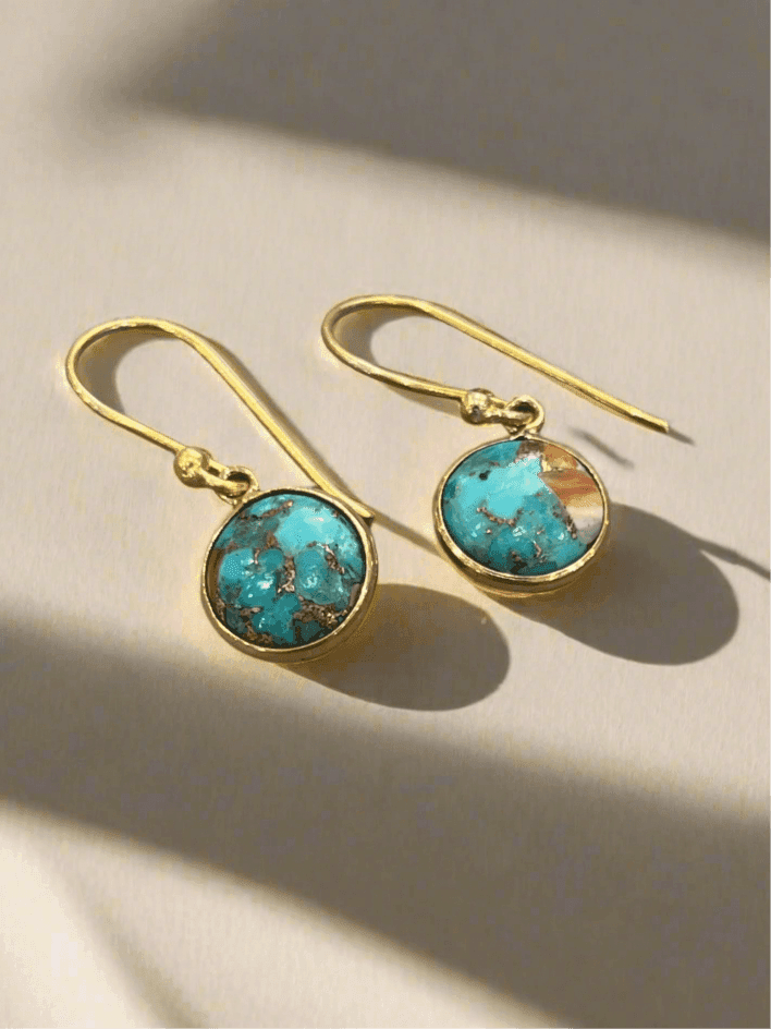Copper Turquoise Earrings: Oyster Copper Turquoise Hook - Gold Plated Orange Gemstone Jewelry