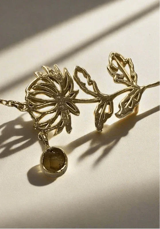 Gold-Plated Necklace with November Citrine & Yellow Topaz Birthstones and Chrysanthemum Flower