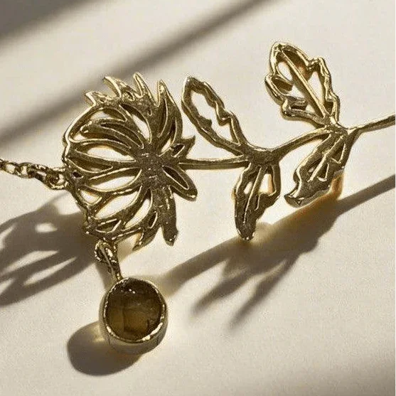Gold-Plated Necklace with November Citrine & Yellow Topaz Birthstones and Chrysanthemum Flower