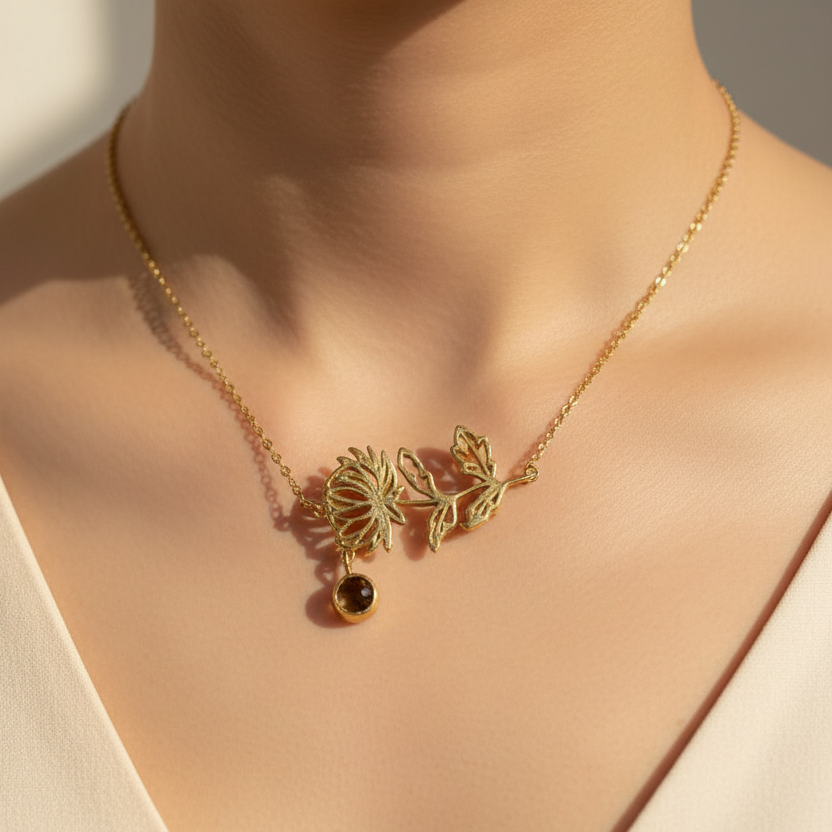 Gold-Plated Necklace with November Citrine & Yellow Topaz Birthstones and Chrysanthemum Flower