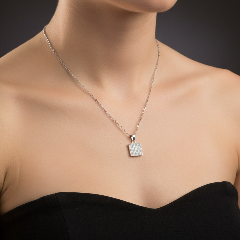 Radiant Elegance: Sterling Silver Shiny Necklace with Square Pendant