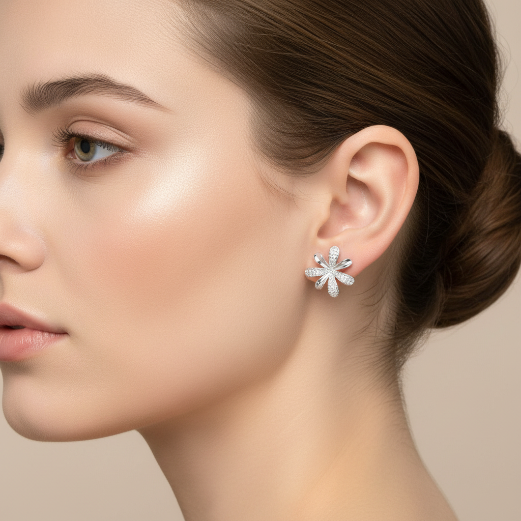 Elegant Sterling Silver Flower Stud Earrings with Gemstone Accents