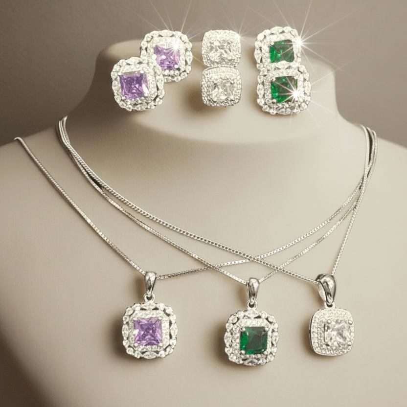 Cubic Zirconia Halo Jewellery Set – 925 Silver (Rhodium Plated)