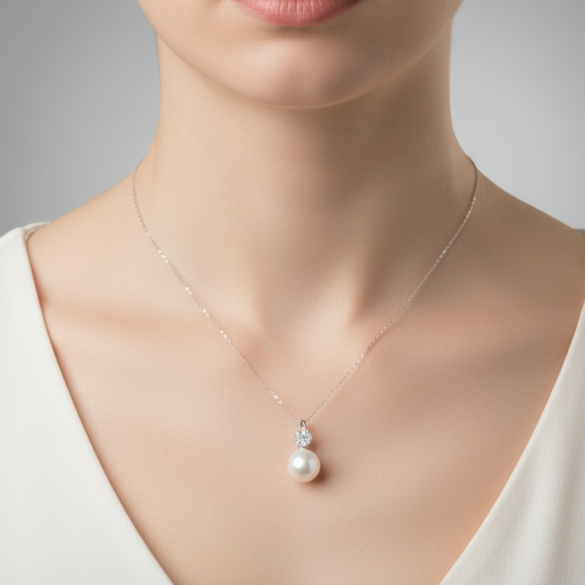 Pearly Radiance: Rhodium-Plated Sterling Silver Pearl with Zirconia Necklace