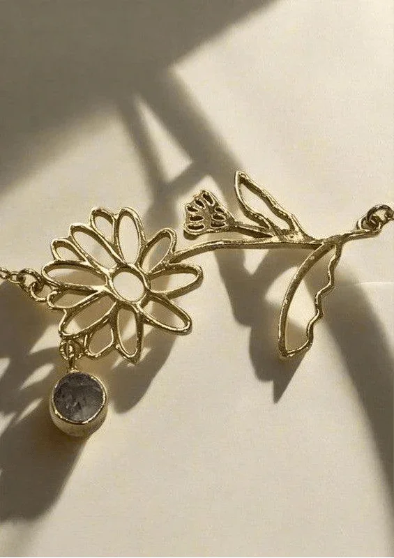 Gold-Plated Necklace with April Diamond, White Topaz & Clear Quartz Birthstones and Sweet Pea & Daisy Flowers