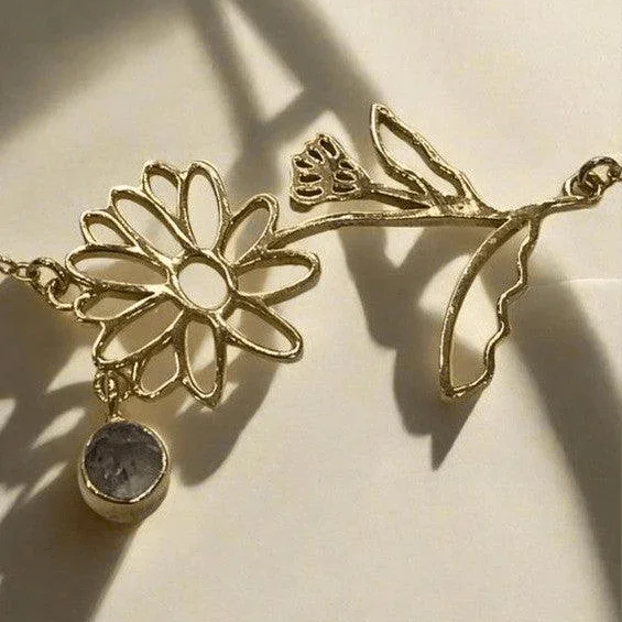 Gold-Plated Necklace with April Diamond, White Topaz & Clear Quartz Birthstones and Sweet Pea & Daisy Flowers