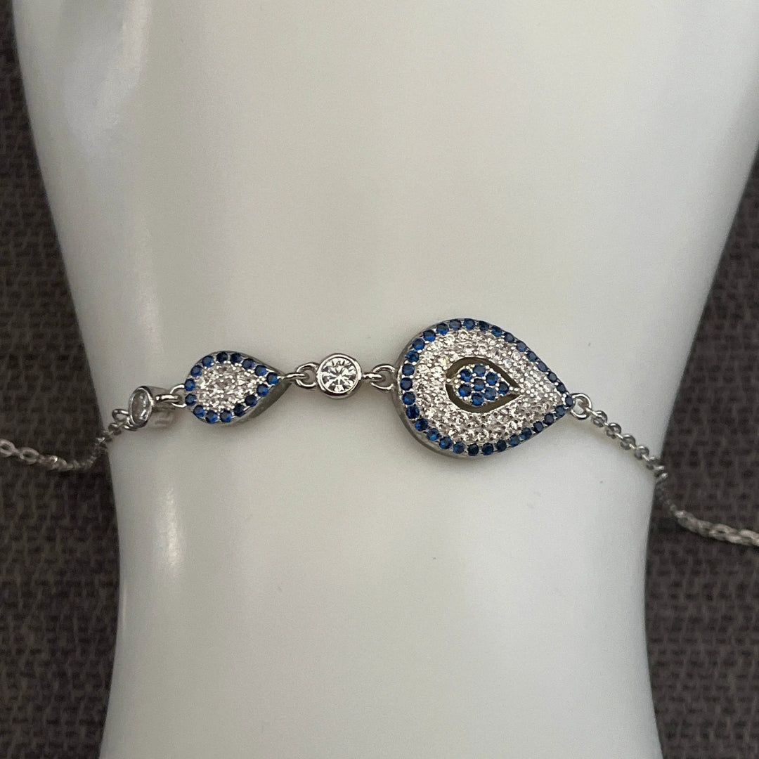 Unique Sterling Silver Evil Eye Double Rhombus & Diamond Zirconia Bracelet