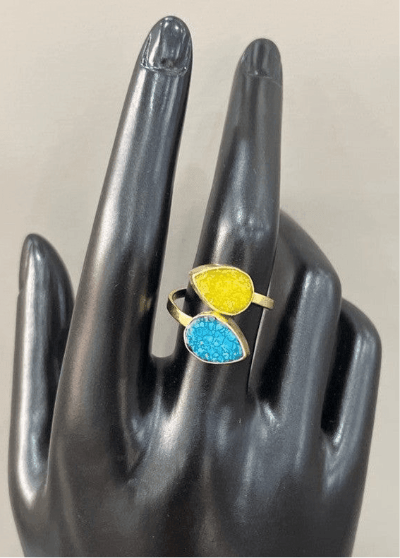 Sunshine Ring: Handmade 18 Karat Gold-Plated Blue & Yellow Druzy Stone Ring