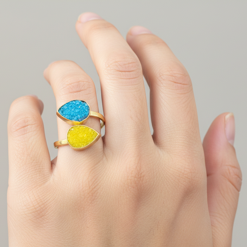 Gold Plated Double Teardrop Druzy Ring (Blue & Yellow)