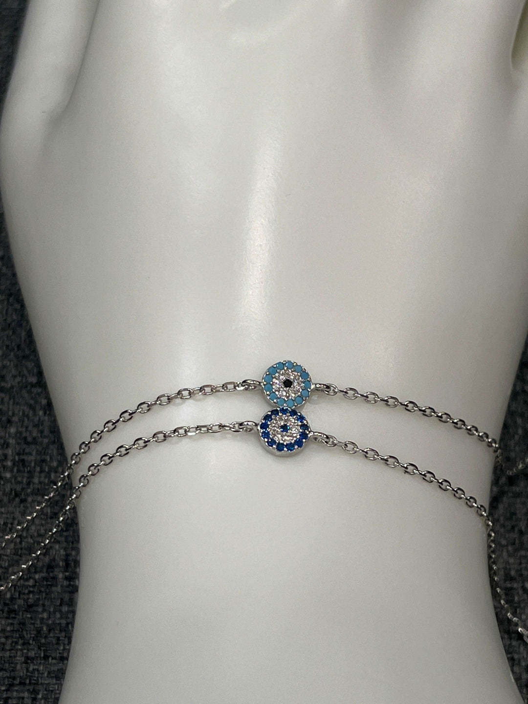Tiny Evil Eye Bracelet With Aquamarine and Sapphire Zirconia
