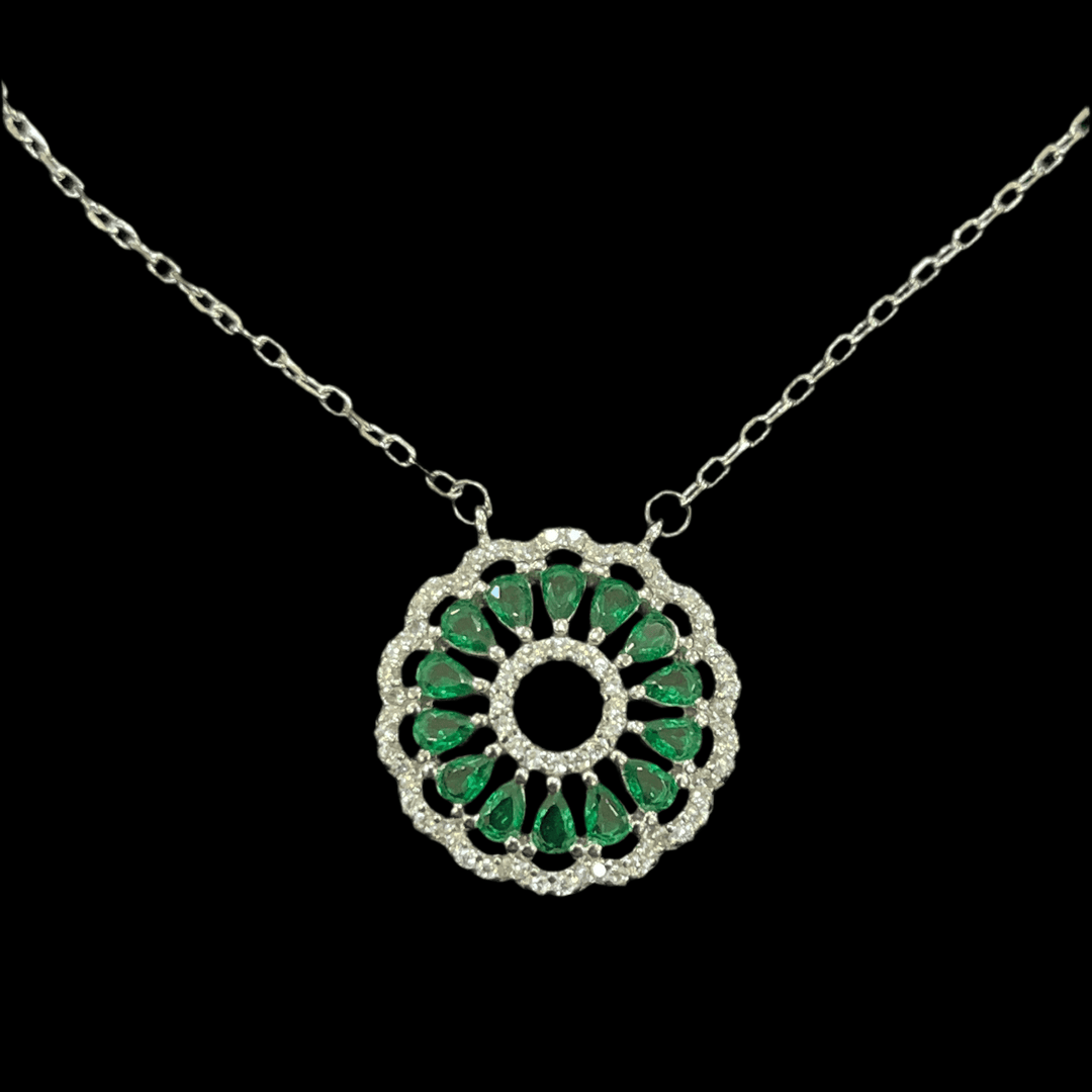 Elegant Green Orbit Baguette Necklace in Sterling Silver