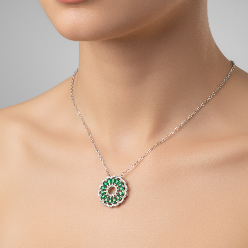Elegant Green Orbit Baguette Necklace in Sterling Silver