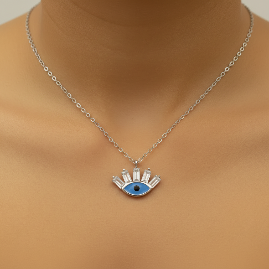 Evil Eye Pendant Necklace – Blue Enamel & Baguette CZ