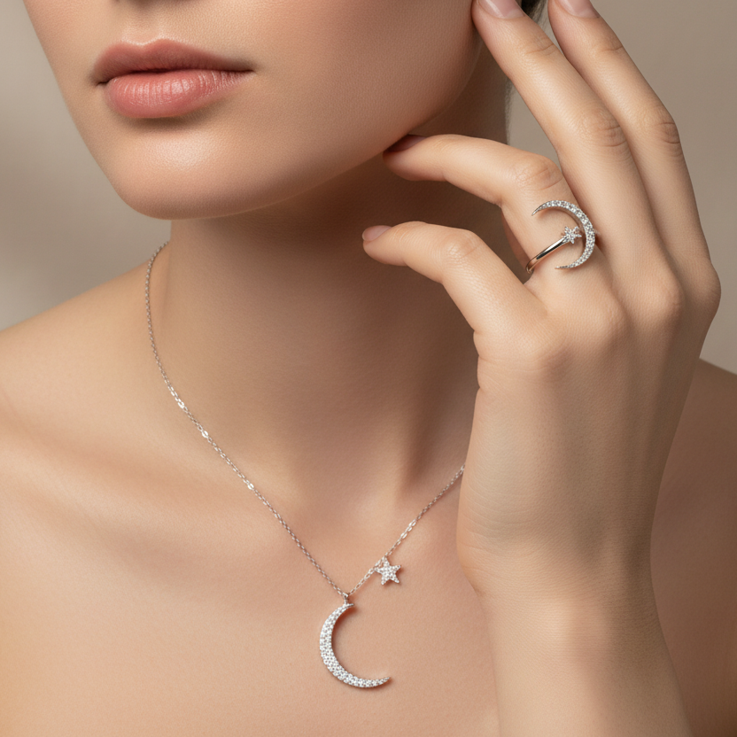 Moon & Star Adjutable Necklace and Ring Set
