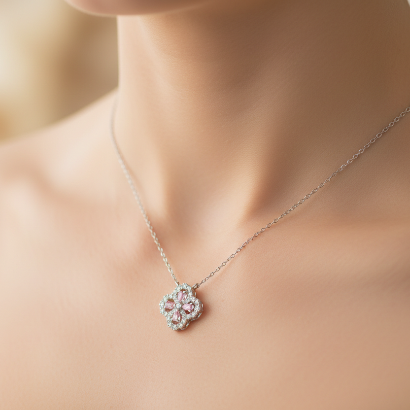 Blossoming Elegance: Sterling Silver Flower Necklace with Pink Zirconia