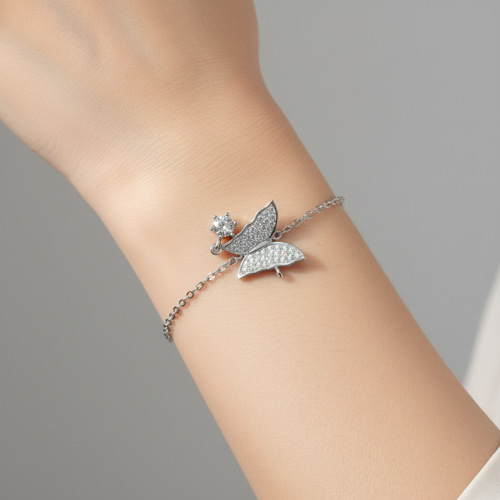 Sterling Silver White Butterfly with Diamond Zirconia