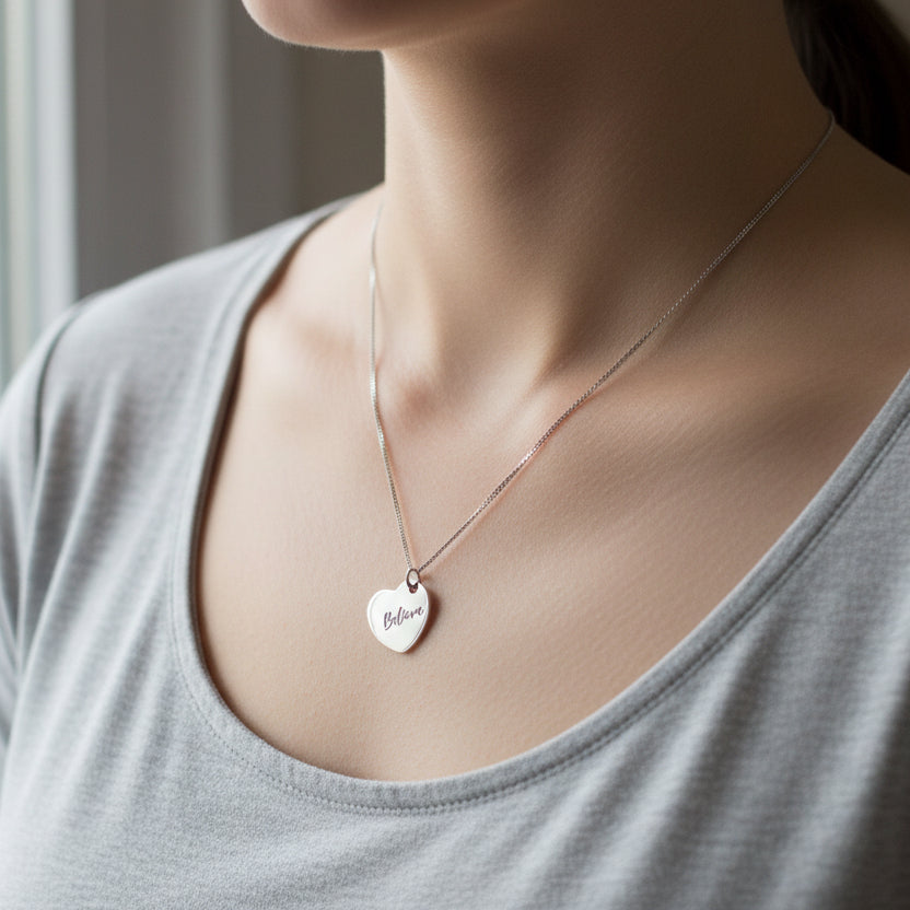 Sterling Silver Engraved Heart Necklace with “Believe” Inscription