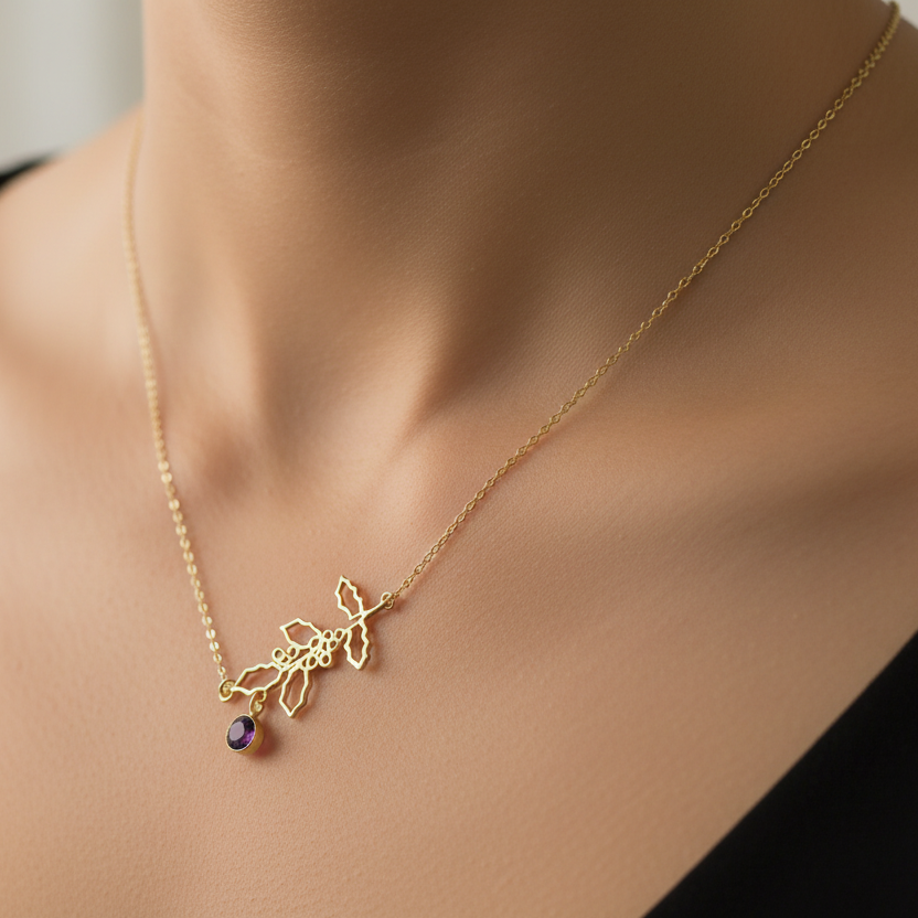 Gold-Plated Necklace with July Ruby Birthstone and Larkspur Flower