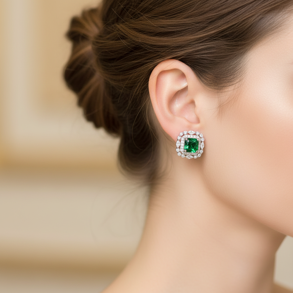 Elegant Sterling Silver Stud Earrings with Emerald and Zirconia Accents