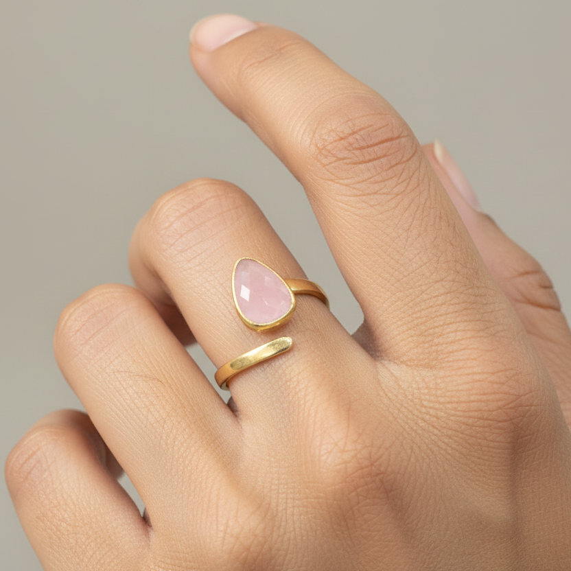 Gold Plated Pink Chalcedony Teardrop Open Ring