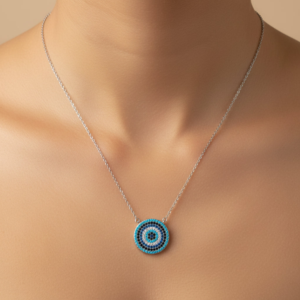 Round Evil Eye Necklace with Turquoise and Sapphire