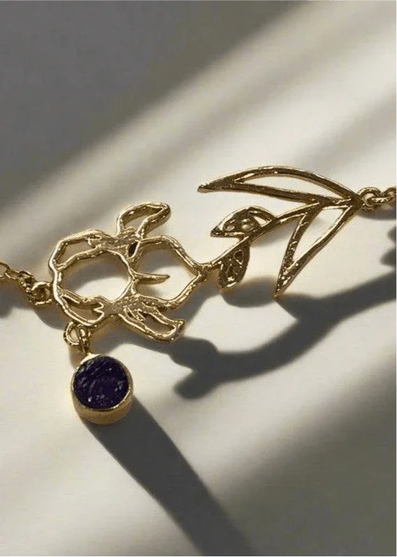 Gold-Plated Necklace with February Amethyst Birthstone and Violet Flower