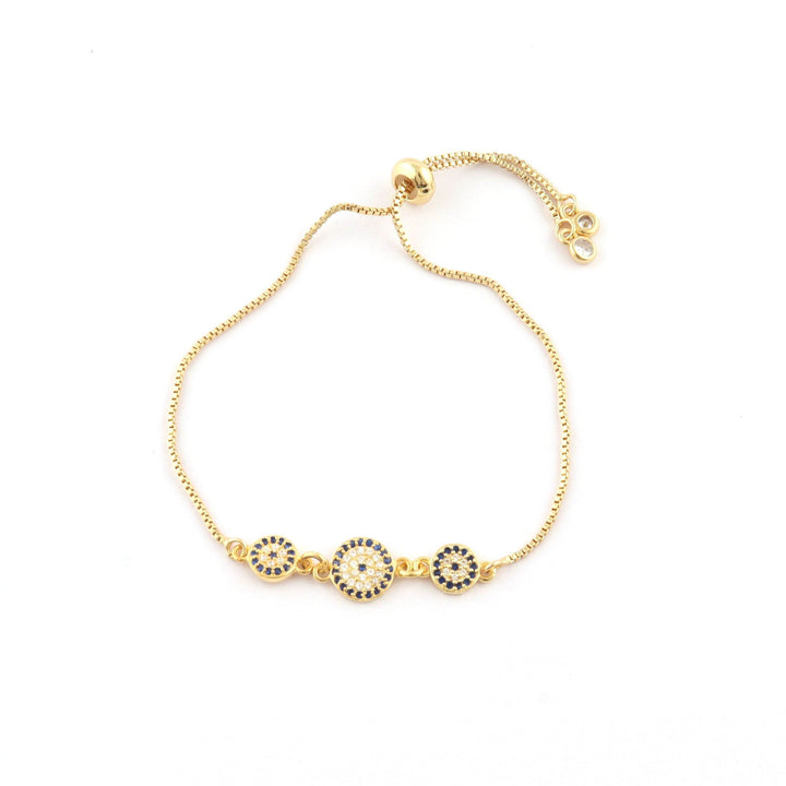 Adjustable Gold Plated Bracelet with Three Evil Eyes: Triple the Protection in Style - Saras Beads & Jewellery