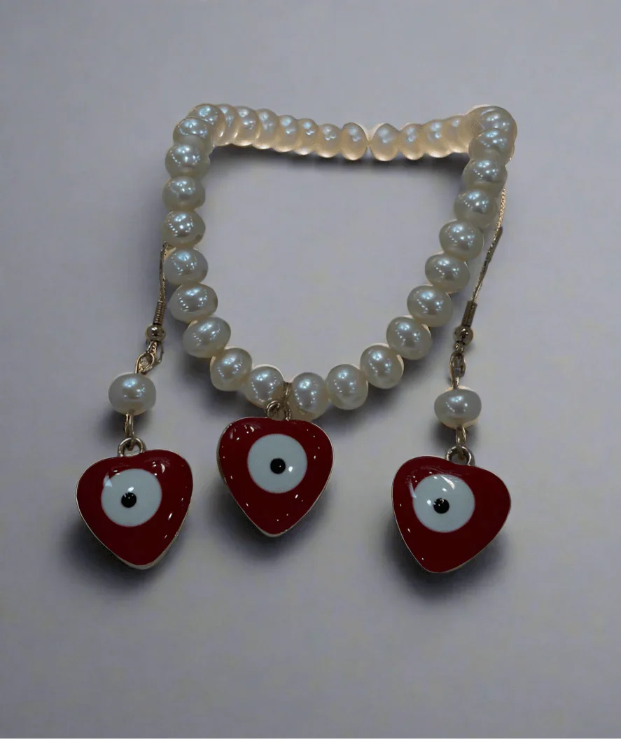 Exquisite Pearl Bracelet and Earring Set with Red Love Eye – A Symbol of Elegance and Protection - Saras Beads & Jewellery