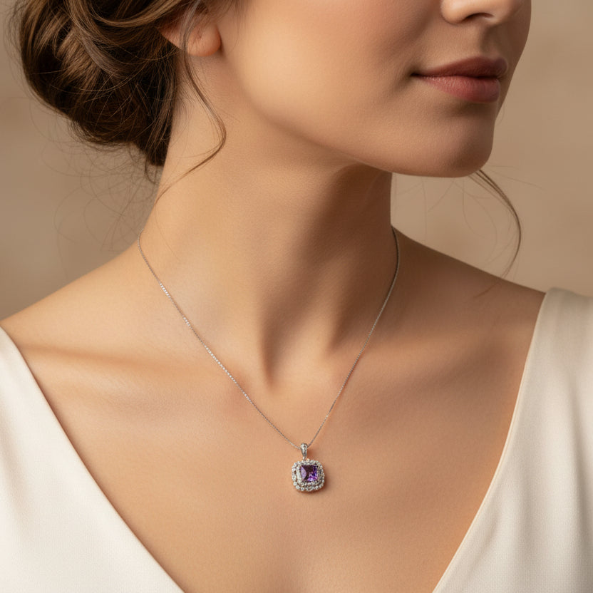 Elegant Sterling Silver Square Purple Zirconia Necklace