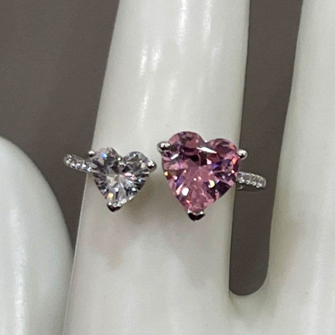 Sterling Silver Double Heart Ring with Pink and Diamond Zircon Stones