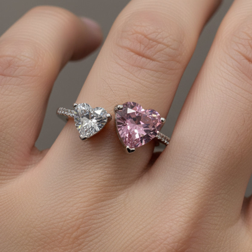 Sterling Silver Pink CZ Double Heart Ring