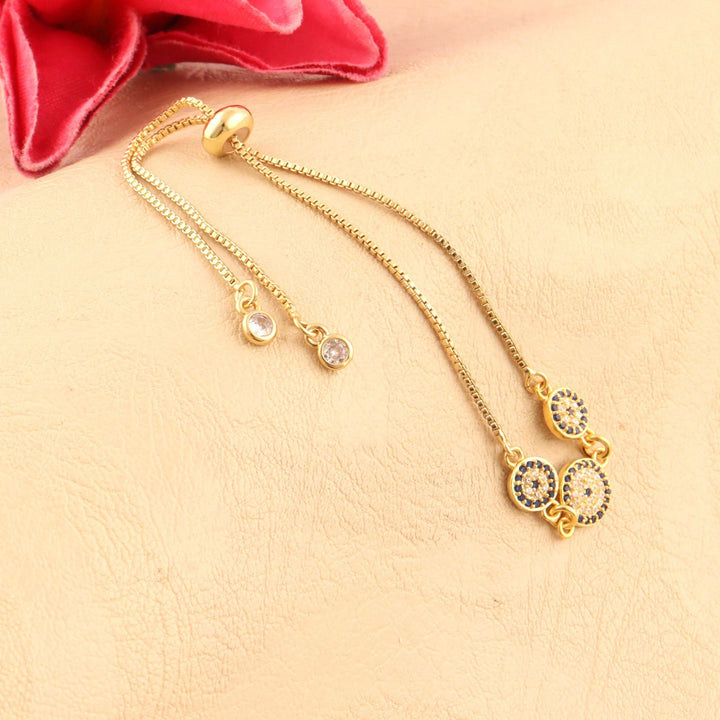 Adjustable Gold Plated Bracelet with Three Evil Eyes: Triple the Protection in Style - Saras Beads & Jewellery