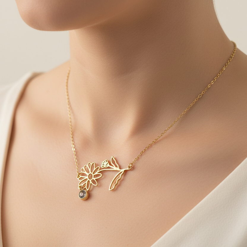 Gold-Plated Necklace with April Diamond, White Topaz & Clear Quartz Birthstones and Sweet Pea & Daisy Flowers